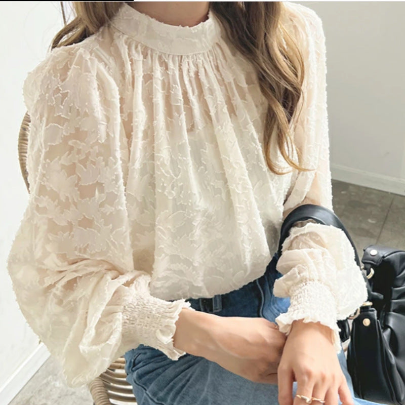 Damen elegantes Spitzenoberteil mit voluminösen Puffärmeln Drune