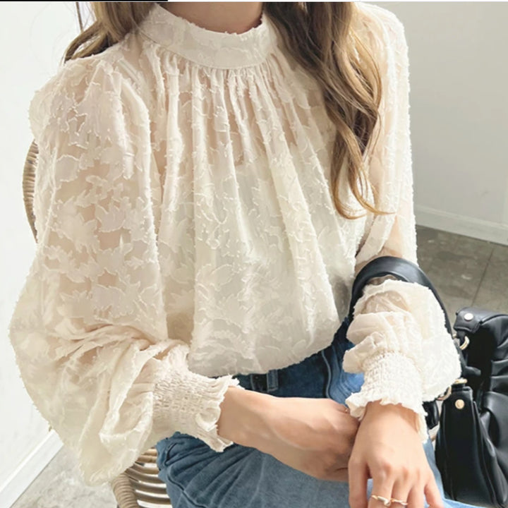 Damen elegantes Spitzenoberteil mit voluminösen Puffärmeln Drune