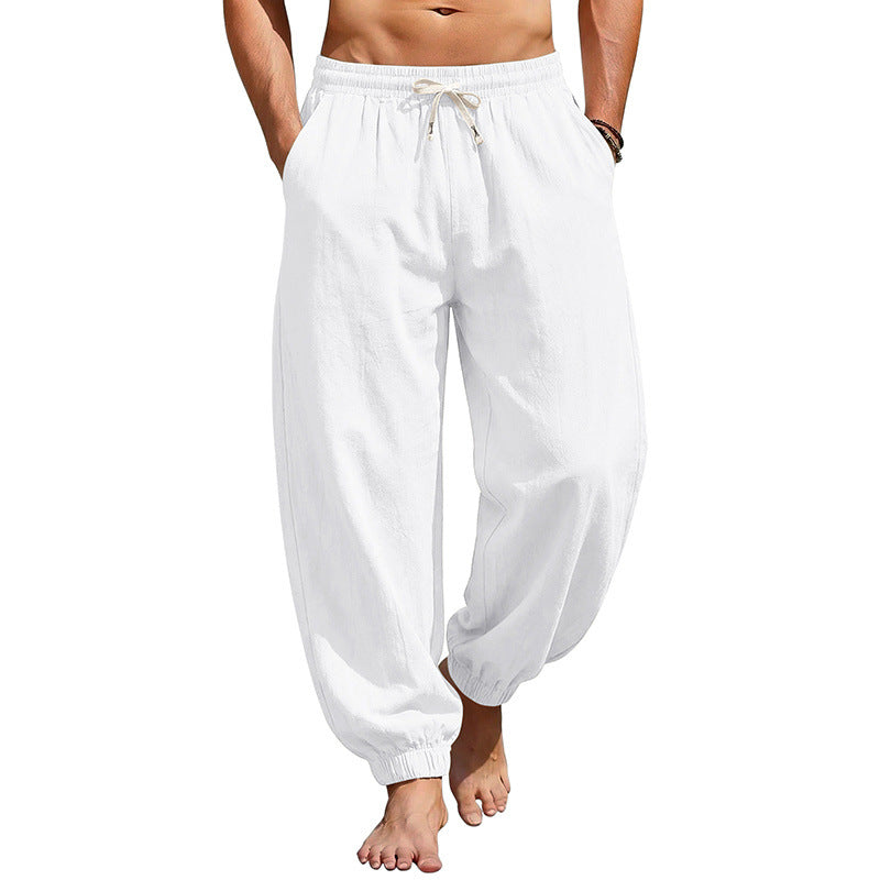 Herren Weite Leinenoptik-Strandhose mit Kordelzug, elastischem Bund und gerafften Beinabschlüssen Drune