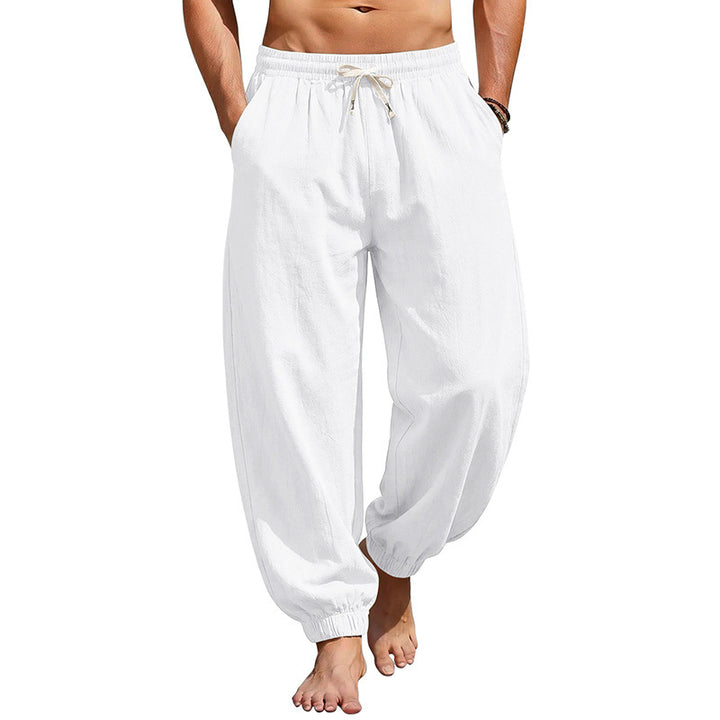Herren Weite Leinenoptik-Strandhose mit Kordelzug, elastischem Bund und gerafften Beinabschlüssen Drune