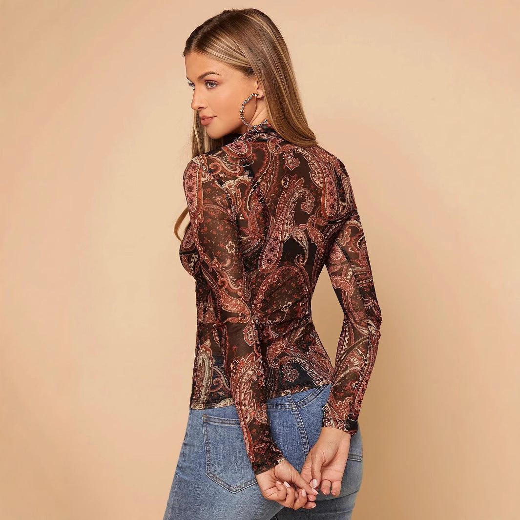 Damen nan figurbetontes halbtransparentes Paisley-Meshshirt mit Stehkragen und langen Ärmeln Drune