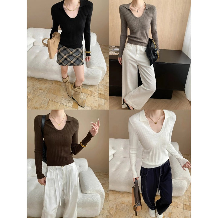 Damen längerer Rippstrickpullover mit V-Ausschnitt Drune
