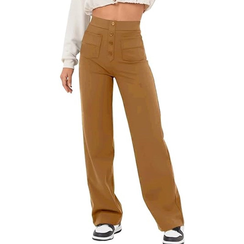 Damen elegante High-Waist Lounge-Hose mit großen Taschen und Knopfverschluss Drune