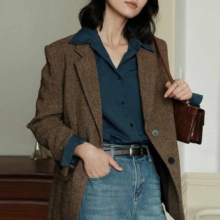Damen Eleganter Herringbone Blazer Drune