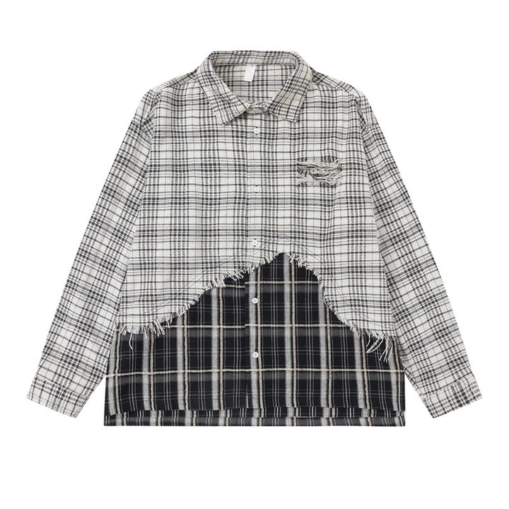 Unisex Oversize-Hemdjacke mit Lagenlook, ausgefranstem Saum und Karomix Drune