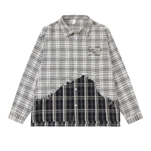 Unisex Oversize-Hemdjacke mit Lagenlook, ausgefranstem Saum und Karomix Drune