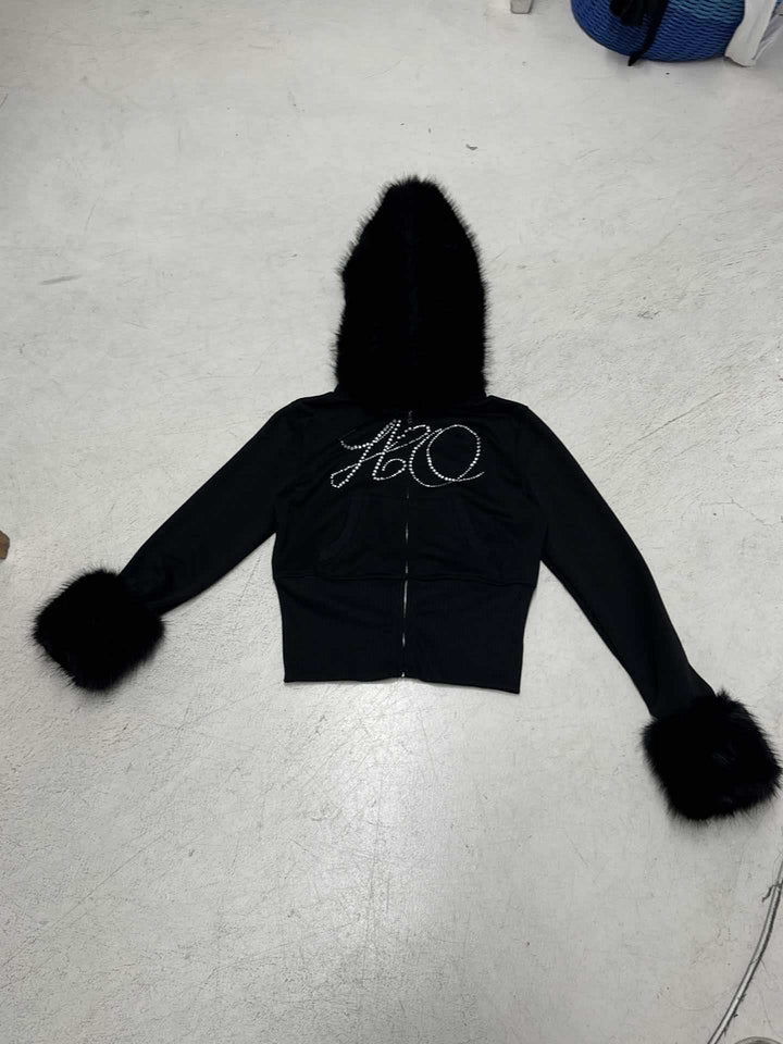 Damen nan kurze Kapuzenjacke mit Kunstfellbesatz und Strassverzierung Drune