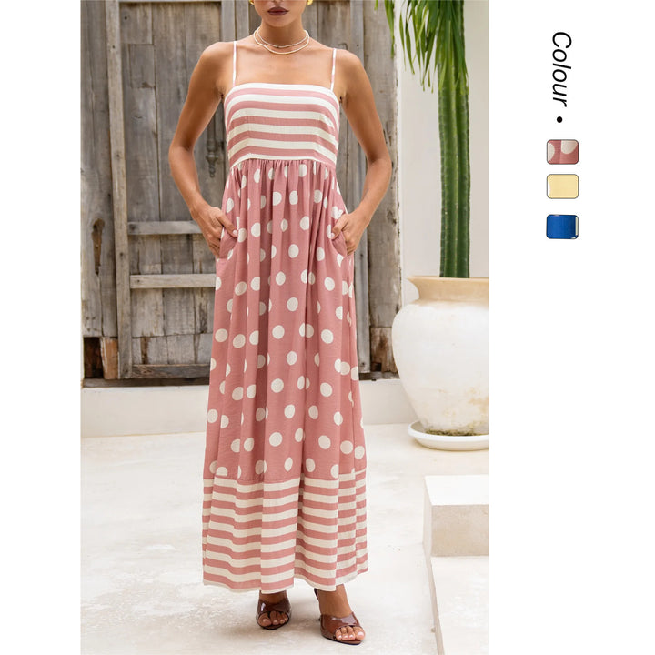 Damen Maxikleid mit gerafftem Oberteil und verspieltem Punkt- und Streifenmuster Drune