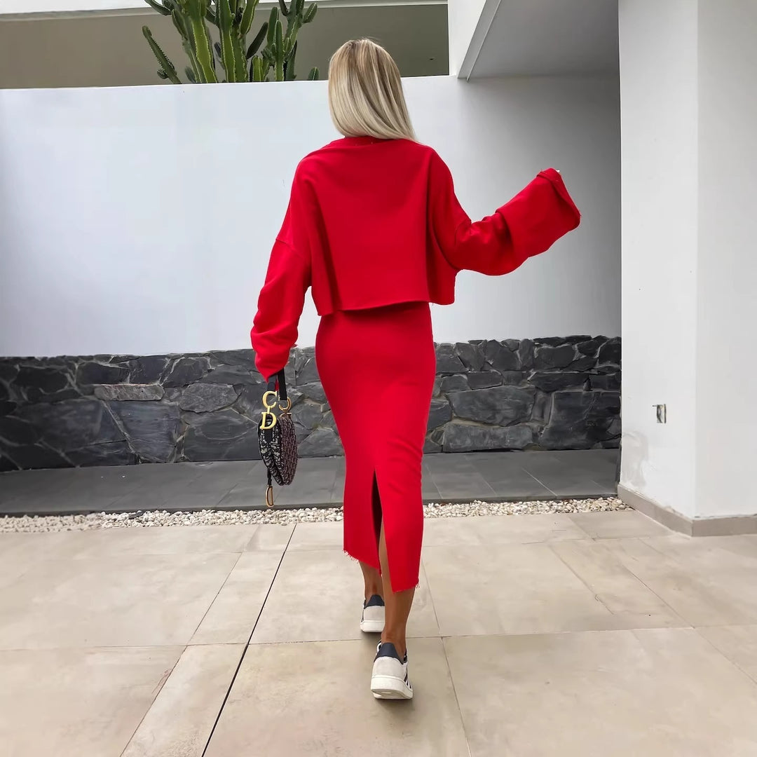 Damen Cropped-Set aus langärmeliger Bluse und figurbetontem Maxi-Rock Drune