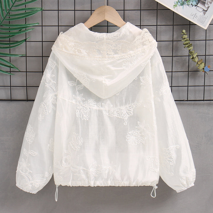 Damen nan transparente bestickte Kapuzenjacke mit Reißverschluss und Tunnelzug Drune