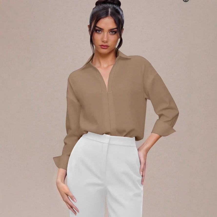 Damen Eleganter Hemdblusen-Body mit V-Ausschnitt, Oversize‑Schnitt und Umschlagmanschetten Drune