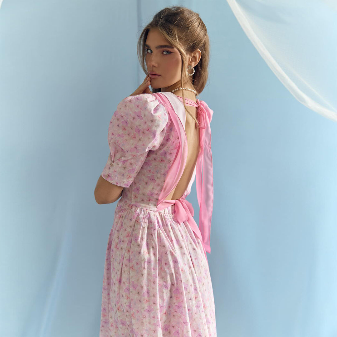 Damen Blütenmuster Kleid mit Puffärmeln und tiefem V-Ausschnitt Drune