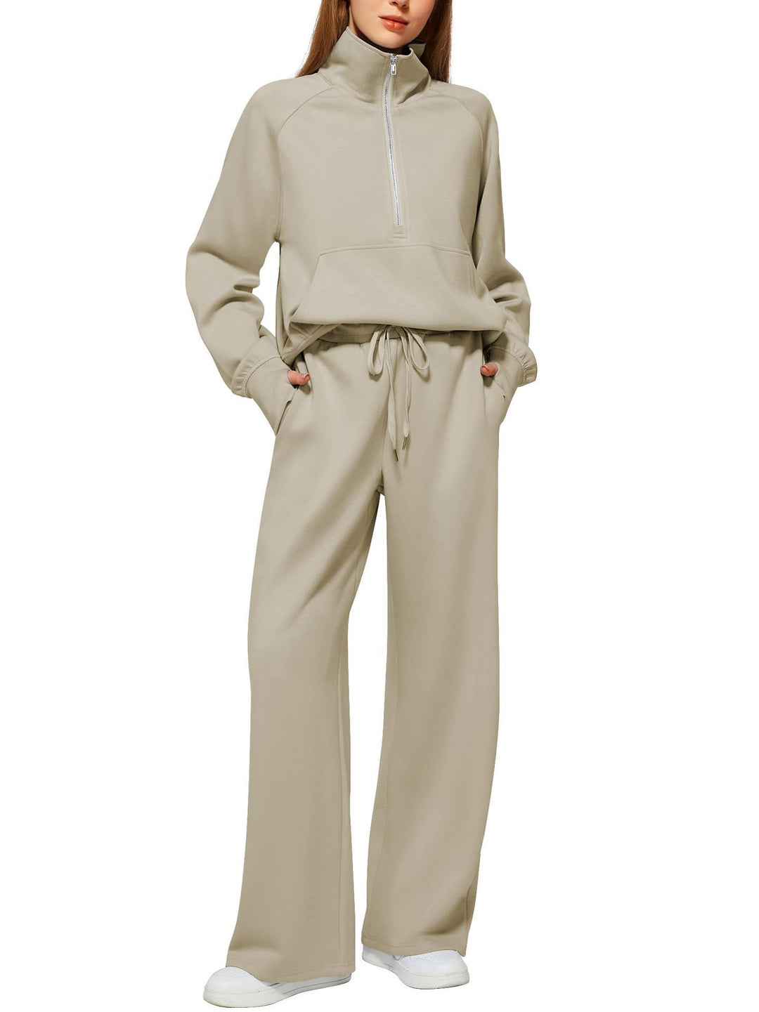 Damen nan halbzip Lounge-Set mit hohem Stehkragen, Kängurutasche und weiten Highwaist-Jogginghose Drune