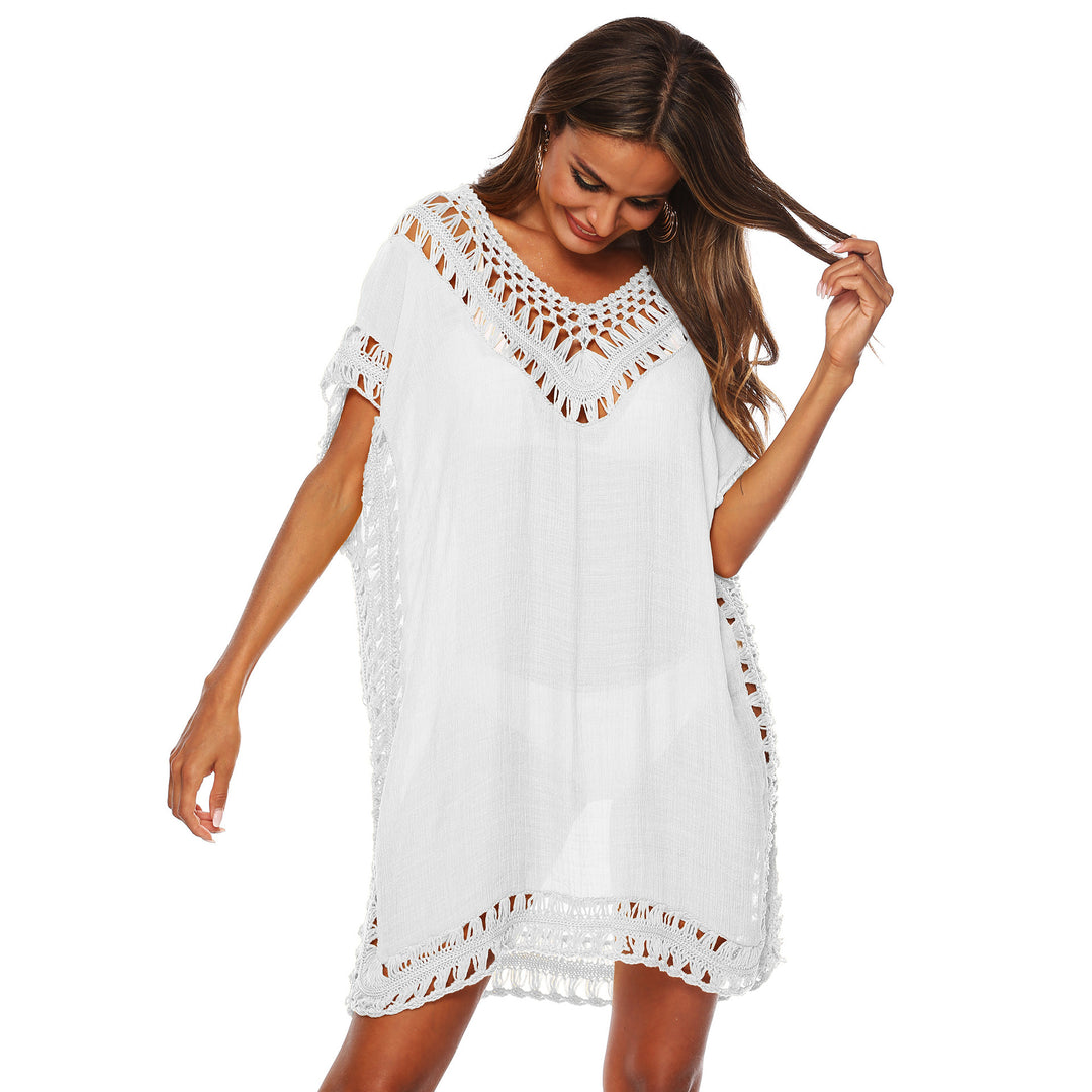 Damen Häkel-Strandüberwurf mit elegantem V-Ausschnitt und fransigen Details Drune