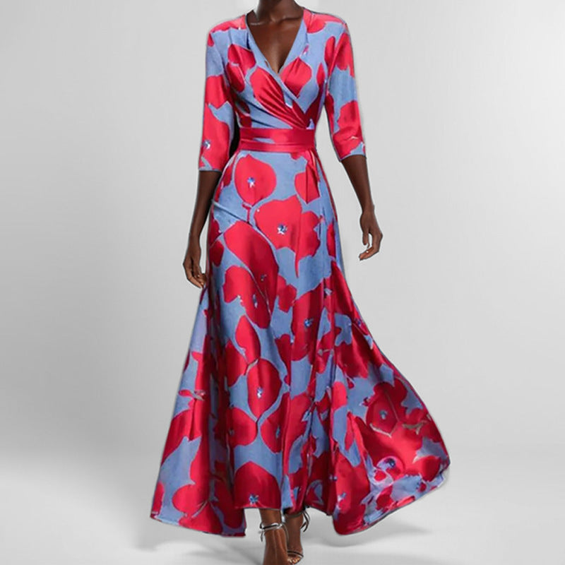 Damen Maxikleid mit Wickeloberteil, Taillengürtel und fließendem Satinrock Drune