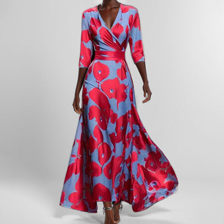 Damen Maxikleid mit Wickeloberteil, Taillengürtel und fließendem Satinrock Drune