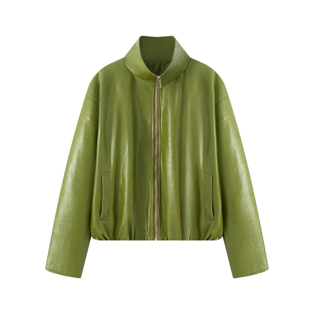 Damen nan tailliertes Kunstleder-Zweiteiler-Set Jacke mit hohem Stehkragen und Bleistiftrock Drune