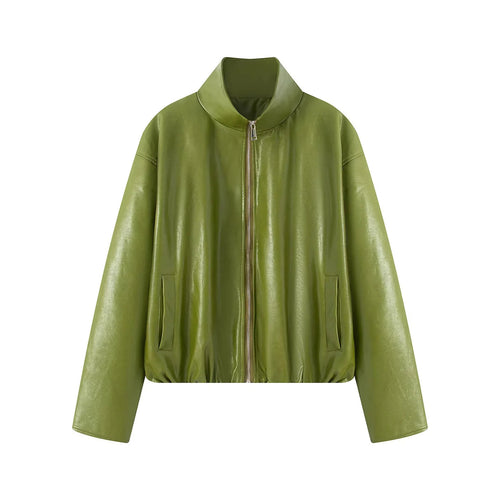 Damen nan tailliertes Kunstleder-Zweiteiler-Set Jacke mit hohem Stehkragen und Bleistiftrock Drune