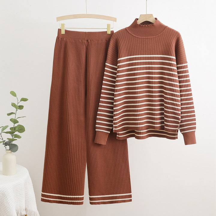 Damen gemütliches Strick-Loungewear-Set mit quer gestreiften Details Drune