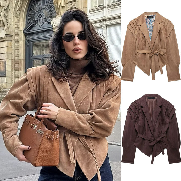 Damen trendige taillierte Blazerjacke mit strukturierten Schultern Drune