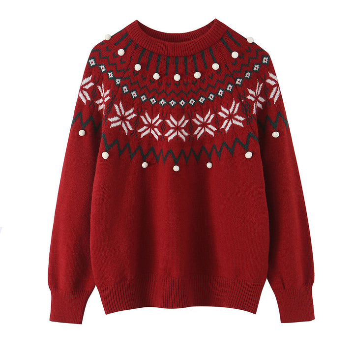 Damen nan Norwegerpullover mit Rundhalsausschnitt, jacquardgestricktem Muster und dekorativen Bommelapplikationen Drune