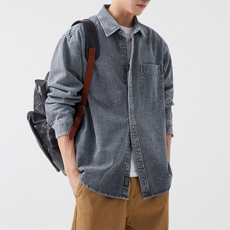 Herren lässige Denim-Hemdjacke mit aufgesetzter Tasche Drune