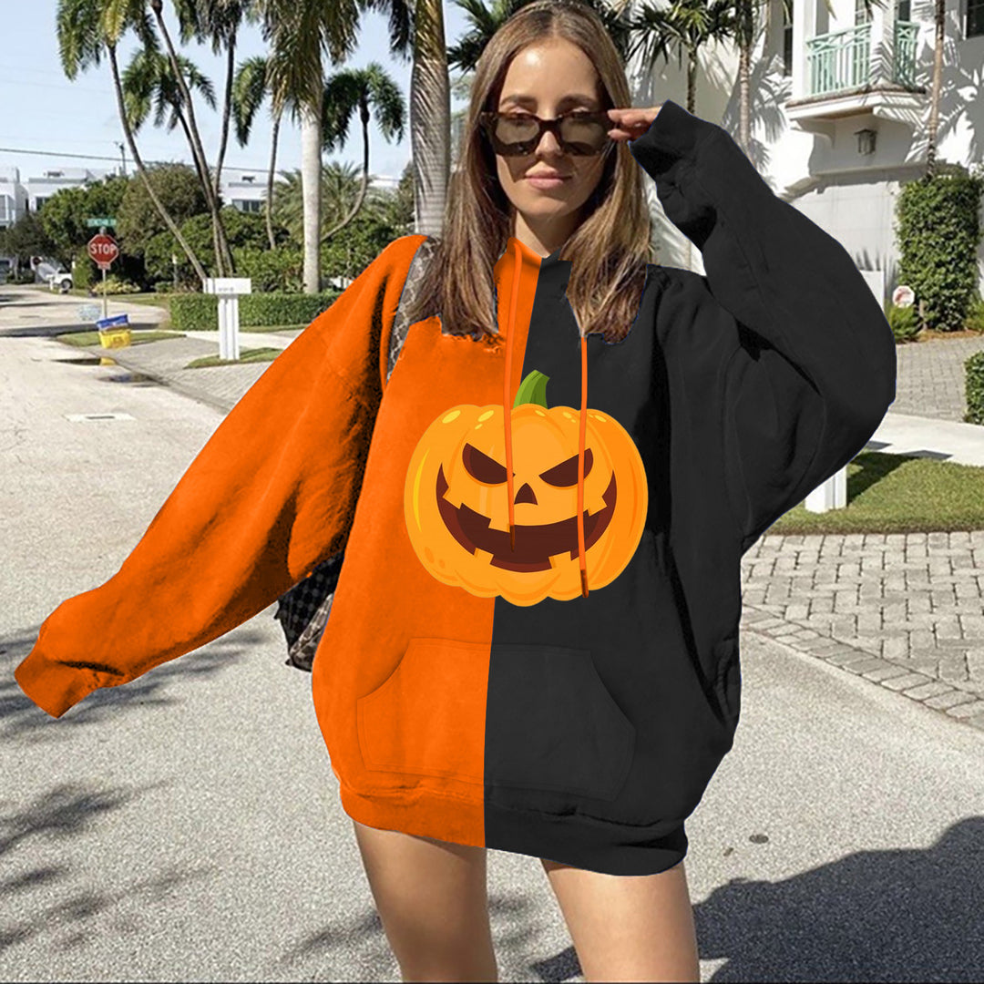 Damen nan Oversize Kapuzenpullover mit Halloween Kürbisdruck und Kängurutasche Drune