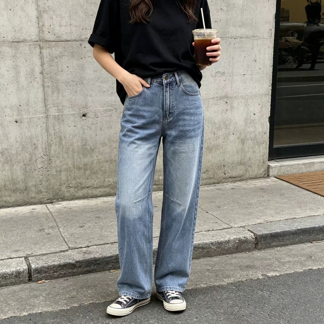 Damen nan hochgeschnittene weite Jeans mit geradem Bein, Knieabnähern und klassischem Five‑Pocket‑Schnitt Drune