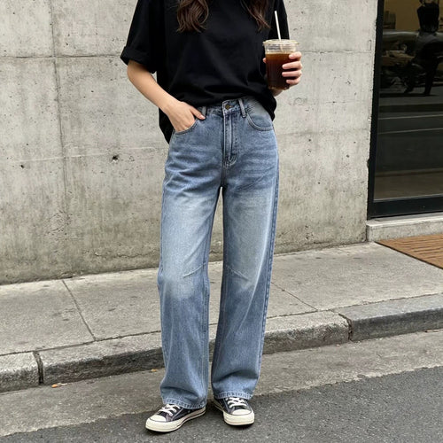 Damen nan hochgeschnittene weite Jeans mit geradem Bein, Knieabnähern und klassischem Five‑Pocket‑Schnitt Drune
