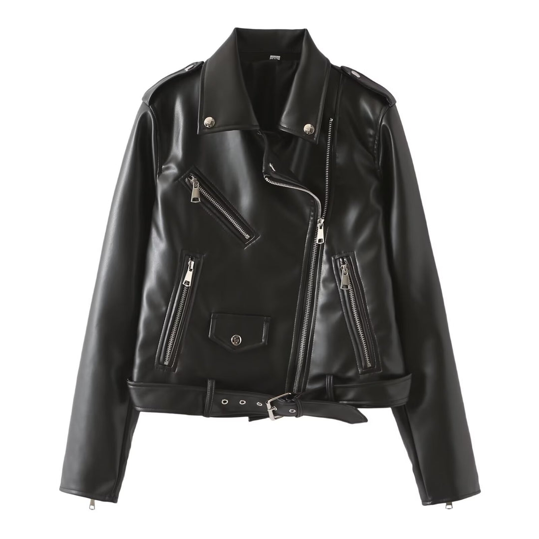 Damen Bikerjacke aus veganer Lederoptik mit Taillengürtel und asymmetrischem Reißverschluss Drune