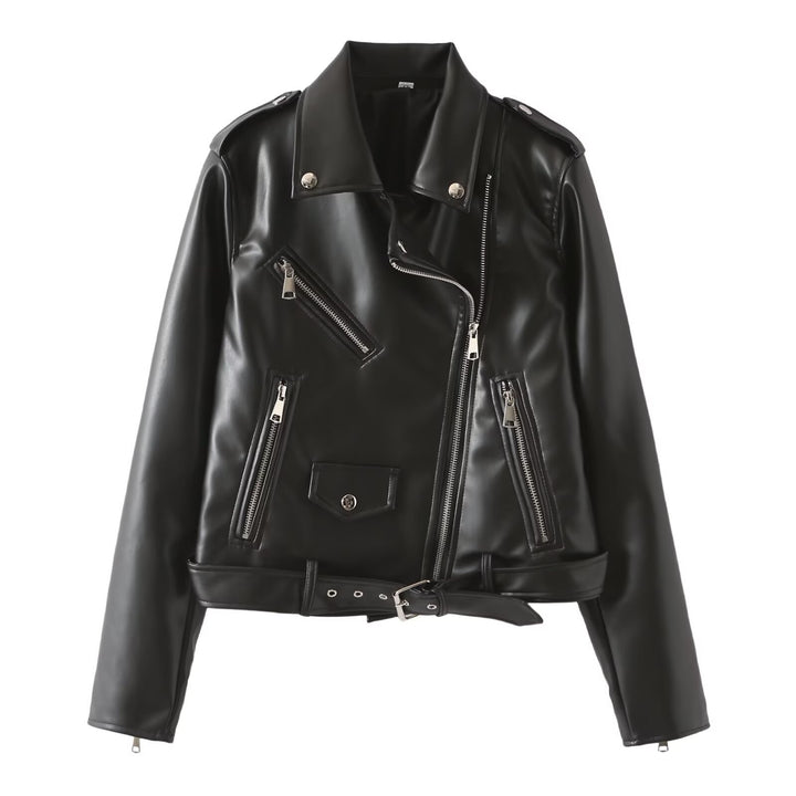 Damen Bikerjacke aus veganer Lederoptik mit Taillengürtel und asymmetrischem Reißverschluss Drune