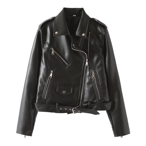 Damen Bikerjacke aus veganer Lederoptik mit Taillengürtel und asymmetrischem Reißverschluss Drune