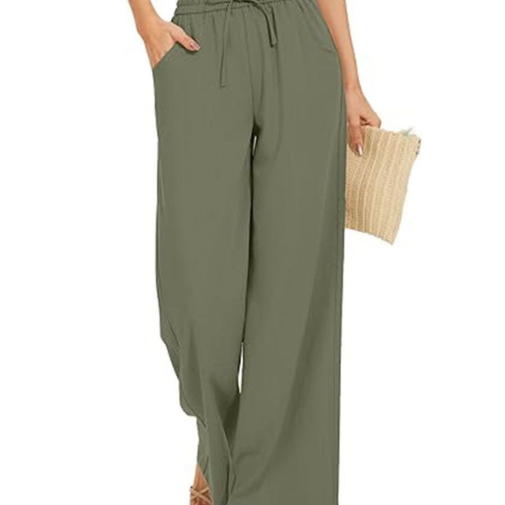 Damen Weite Leinenhose mit hohem elastischem Bund, Kordelzug und Eingrifftaschen Drune