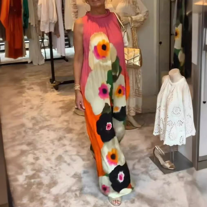 Damen nan ärmelloses Maxikleid mit gerafftem Stehkragen, weitem Palazzoschnitt und großfloralem Druck Drune