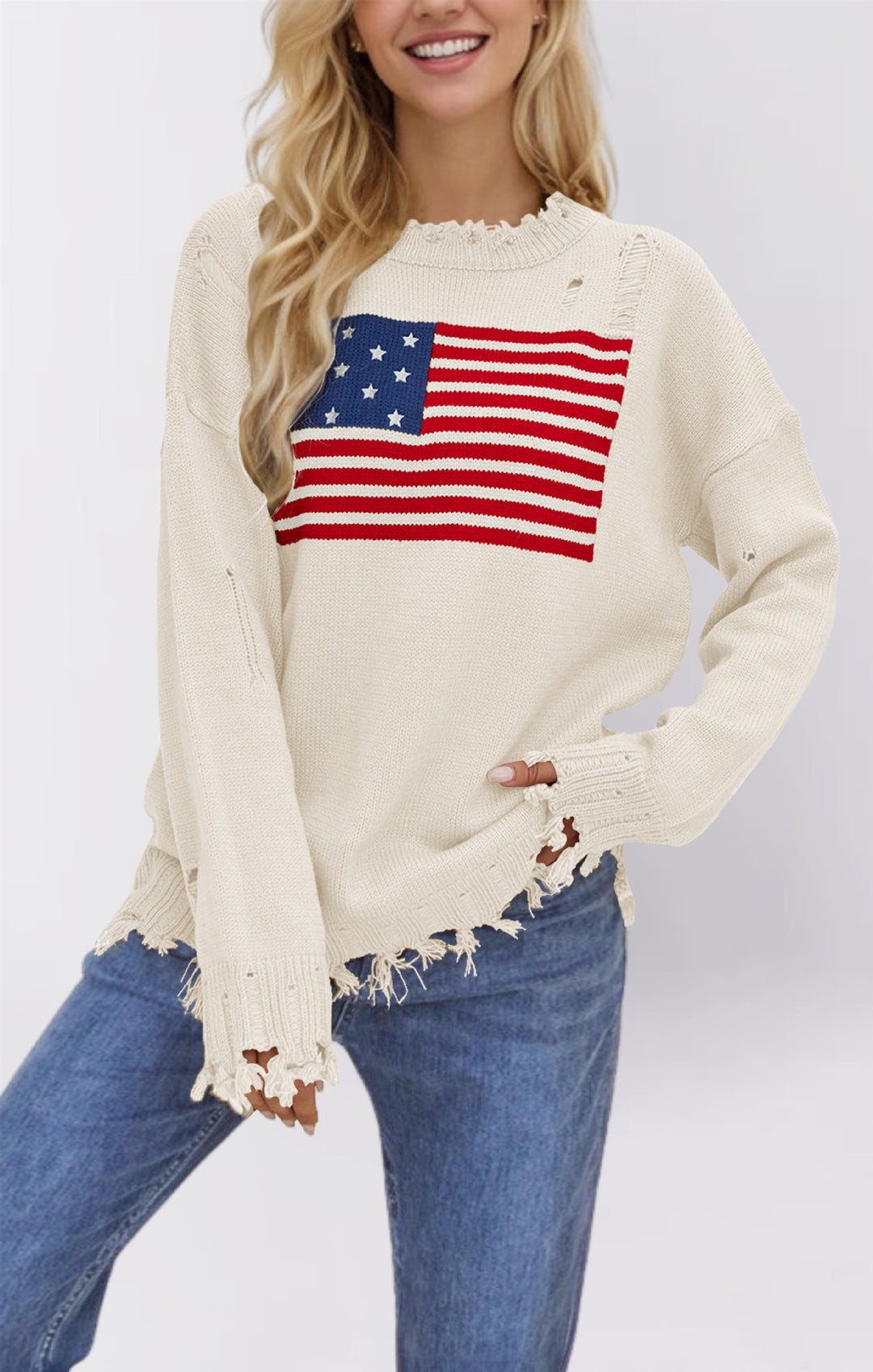 Damen modischer Pullover mit Flaggenmotiv und Fransensaum Drune