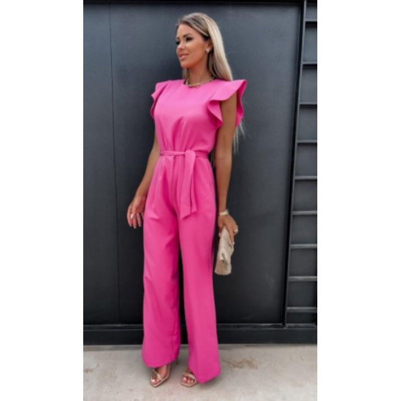 Frauen Fließender Weitbeiniger Jumpsuit mit Rüsche Ärmel Drune