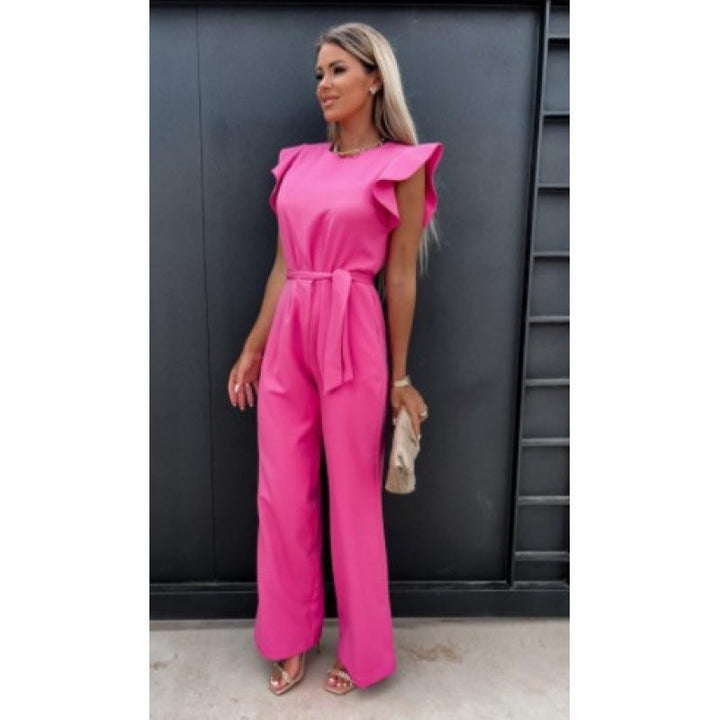 Frauen Fließender Weitbeiniger Jumpsuit mit Rüsche Ärmel Drune