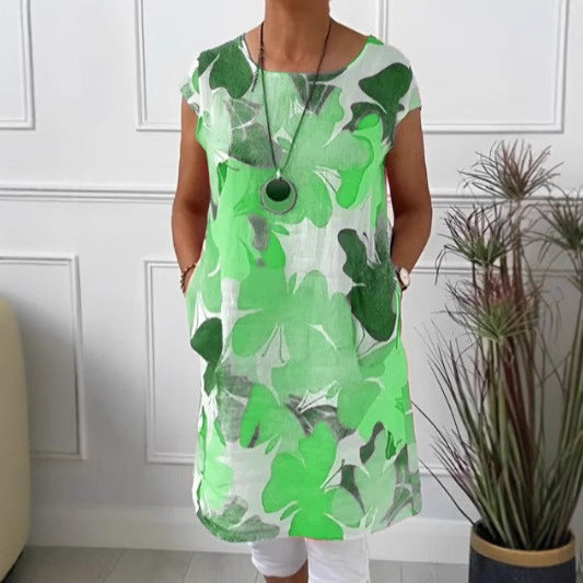 Damen nan luftiges Tunika-Midikleid aus Leinenmix mit Aquarellblütenprint und Seitentaschen Drune
