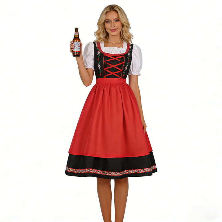 Damen nan traditionelles Dirndlkleid mit besticktem Mieder, Puffärmeln und Schürze Drune
