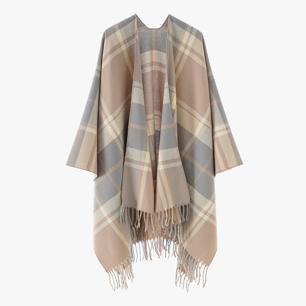 Damen Karierter Cape-Überwurf im Oversize-Stil aus Wollmix mit Fransensaum Drune