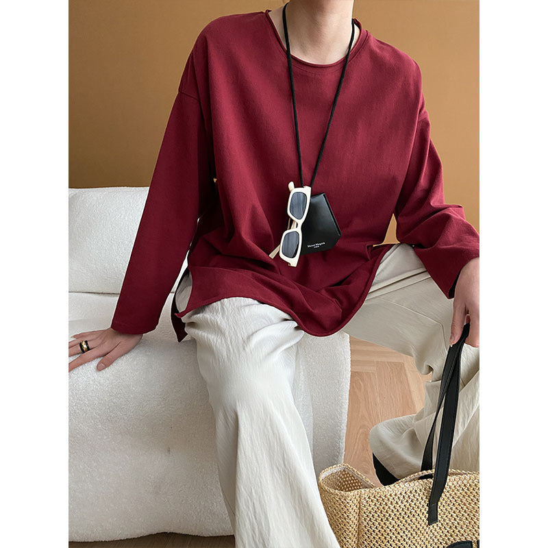 Damen lässiges Langarmshirt mit geradem Schnitt und feinem V-Ausschnitt Drune