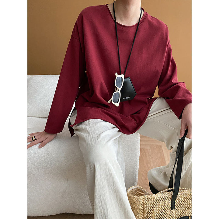 Damen lässiges Langarmshirt mit geradem Schnitt und feinem V-Ausschnitt Drune
