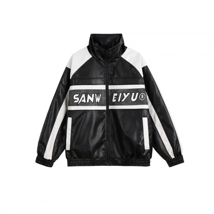 Unisex Retro-inspirierte Kunstleder-Bomberjacke mit Stehkragen, Kontraststreifen und Schriftpatch Drune
