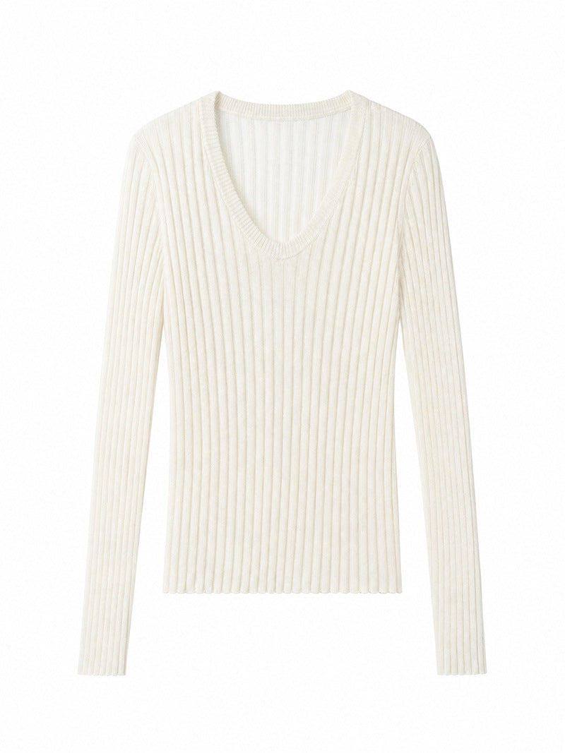 Damen Enges Feinstrick-Longsleeve mit tiefem V-Ausschnitt und breiter Rippenstruktur Drune