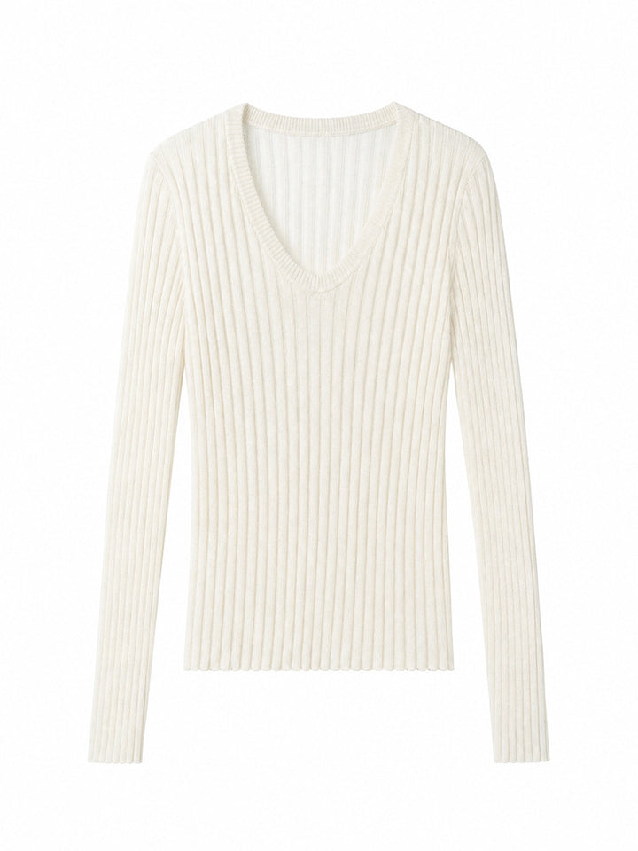 Damen Enges Feinstrick-Longsleeve mit tiefem V-Ausschnitt und breiter Rippenstruktur Drune