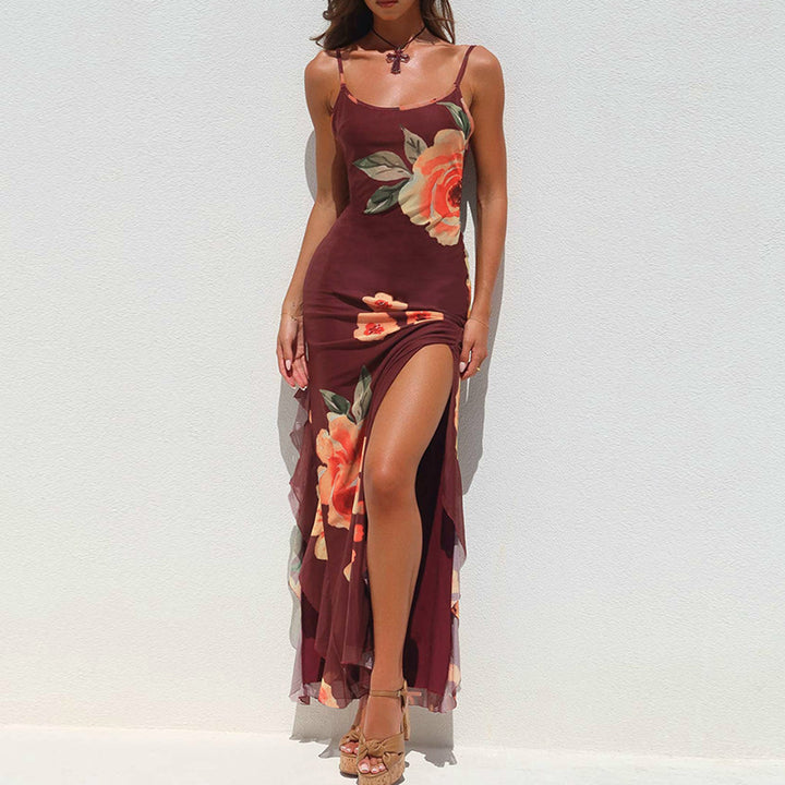 Damen elegantes Maxikleid mit floralem Design und seitlichem Schlitz Drune