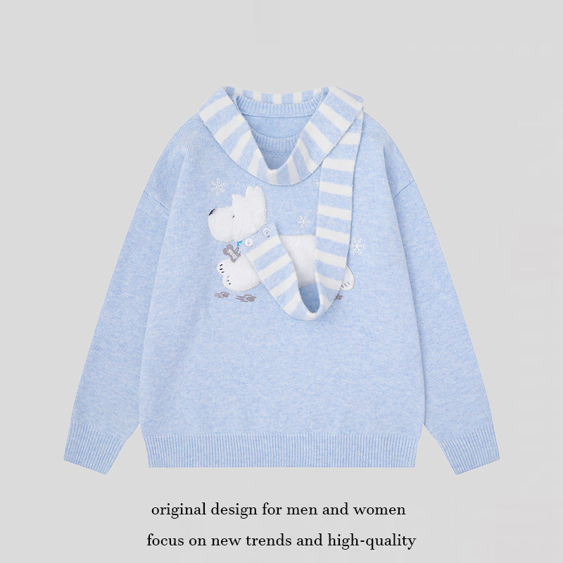 Damen Kuscheliger Strickpullover mit Eisbär-Applikation und eingearbeitetem Streifenschal Drune