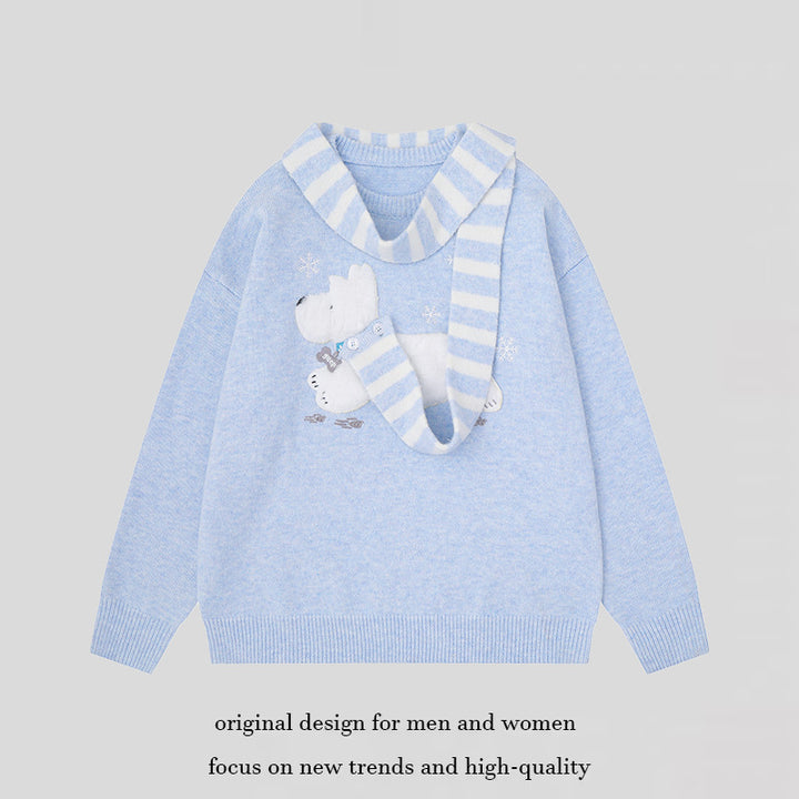 Damen Kuscheliger Strickpullover mit Eisbär-Applikation und eingearbeitetem Streifenschal Drune