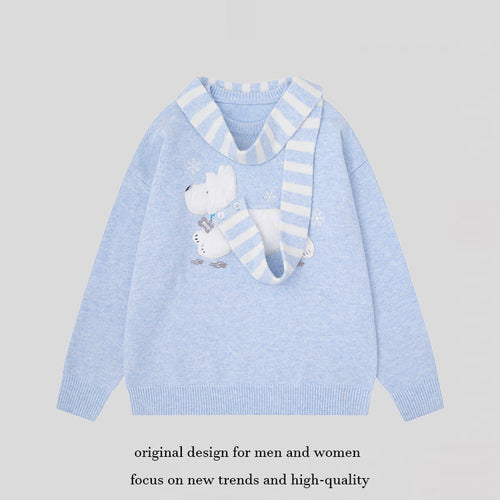 Damen Kuscheliger Strickpullover mit Eisbär-Applikation und eingearbeitetem Streifenschal Drune