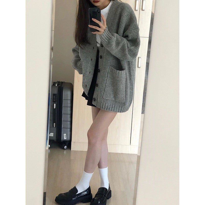 Damen Großer Strickcardigan mit tiefem V-Ausschnitt und praktischen Taschen Drune
